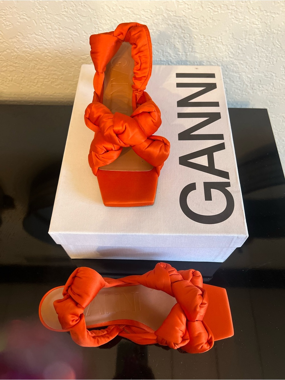 Ganni Orange Knotted Satin Block-Heel Sandals